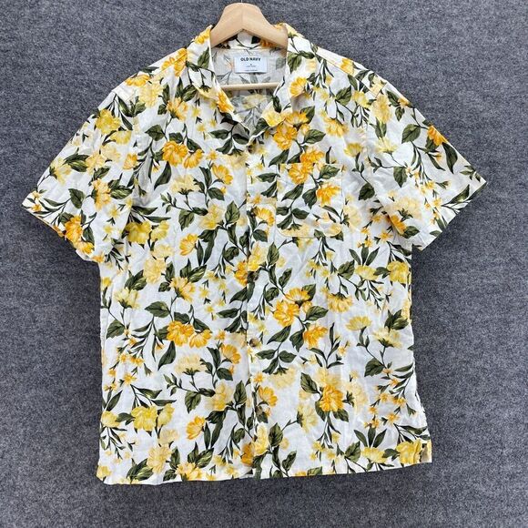 Old Navy Shirt Men M Medium White Floral Button Up Collared Linen Short Sleeve - Picture 1 of 9